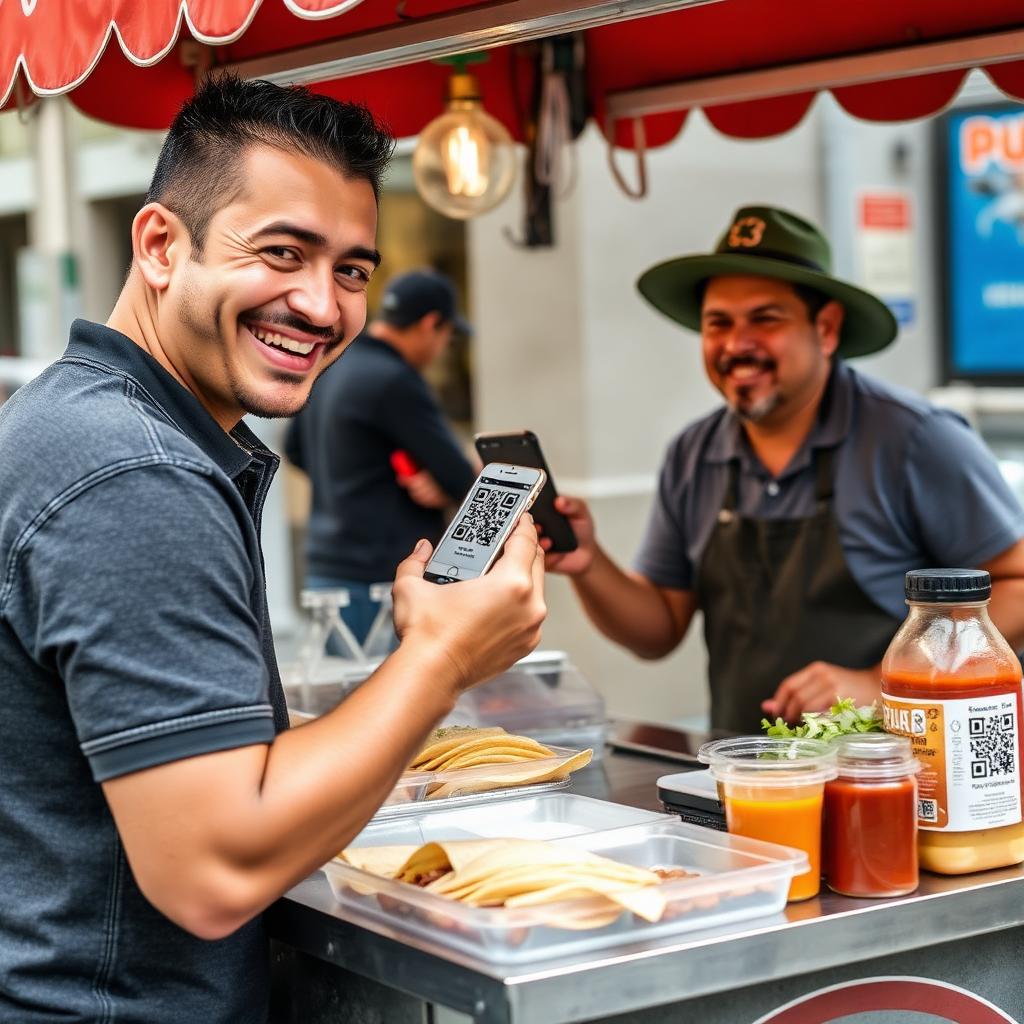 Cliente feliz escaneando QR en un puesto de tacos en CDMX